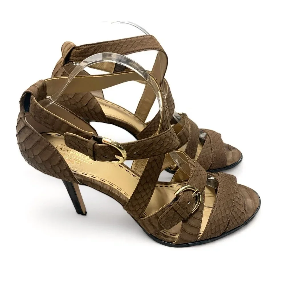 COACH Fawn Strappy Sandals Stiletto Heel Brown Snakeskin Print Leather Sz 9.5 B